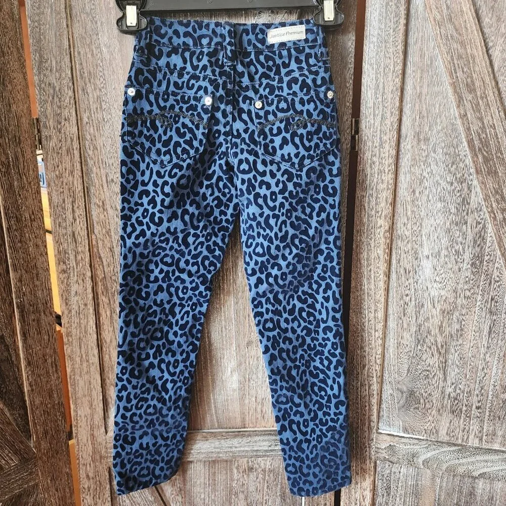 Justice Premium‎ Jeans Blue Leopard Print Textured Velvet Size 7S Simply Low EUC